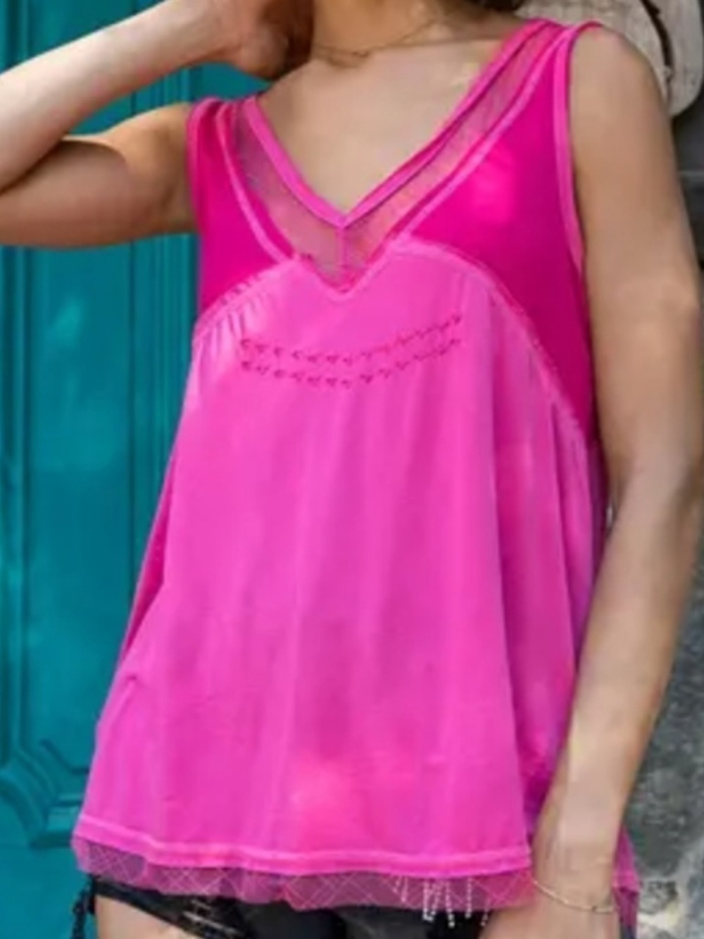 POL Pink Boho Embroidered Mesh Top Size Large